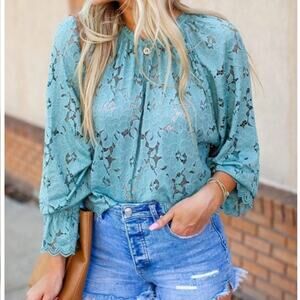 Free People Washed Jade Olivia Lace Ruffle Long Sleeve Top